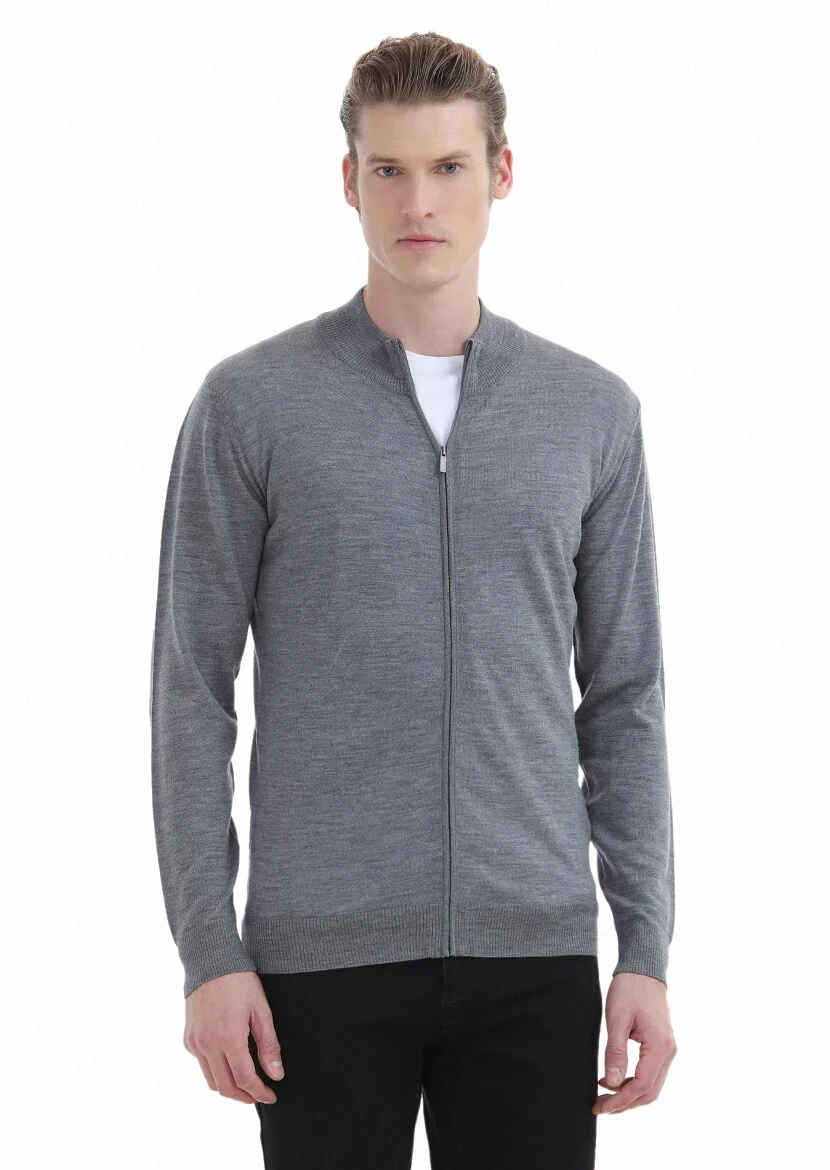 Grey Mock-Turtleneck Plain Knitting 100% Wool Cardigan - 2