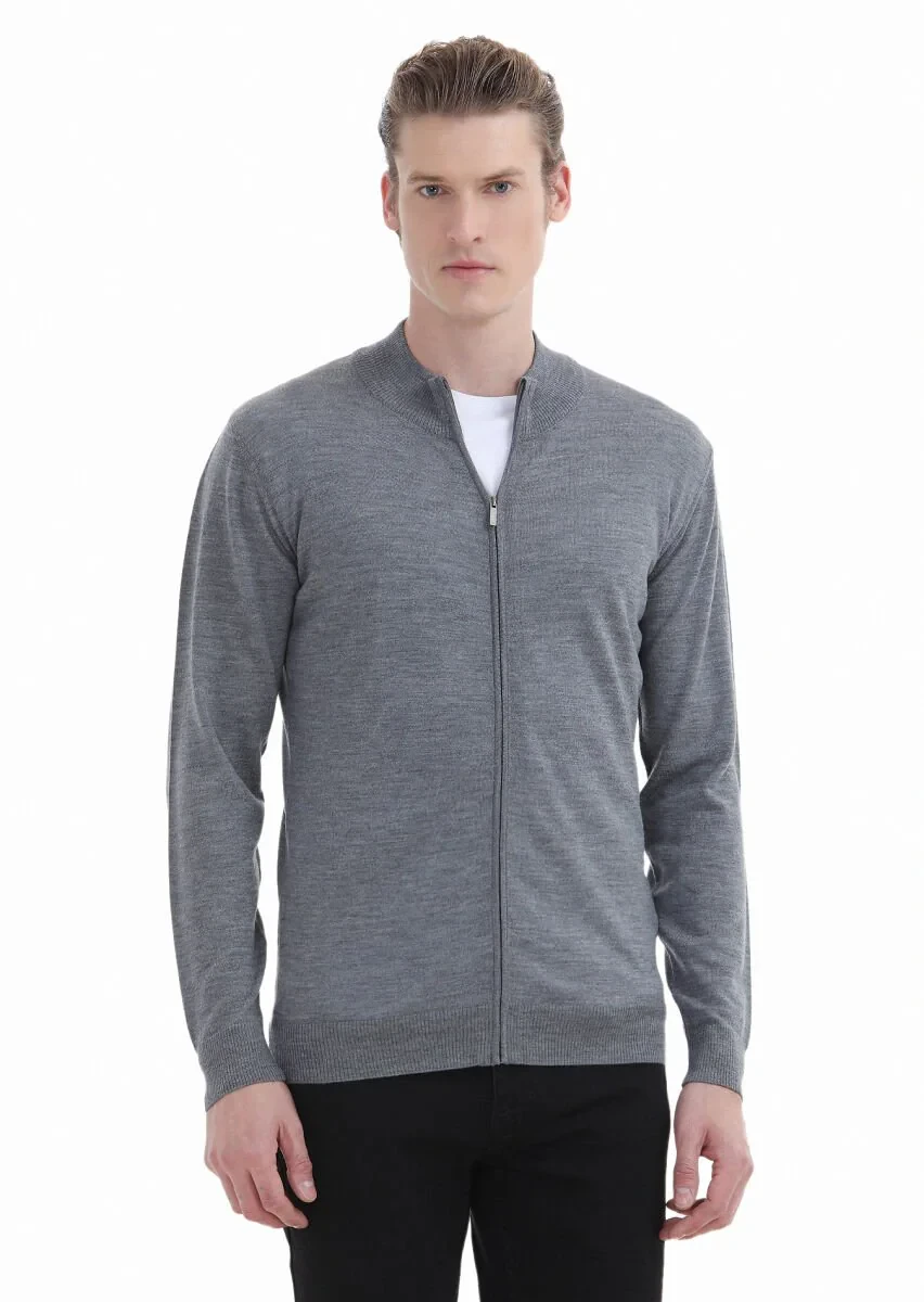 Grey Mock-Turtleneck Plain Knitting 100% Wool Cardigan - 2