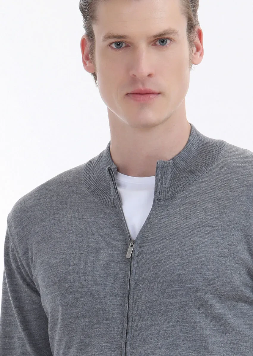 Grey Mock-Turtleneck Plain Knitting 100% Wool Cardigan - 3