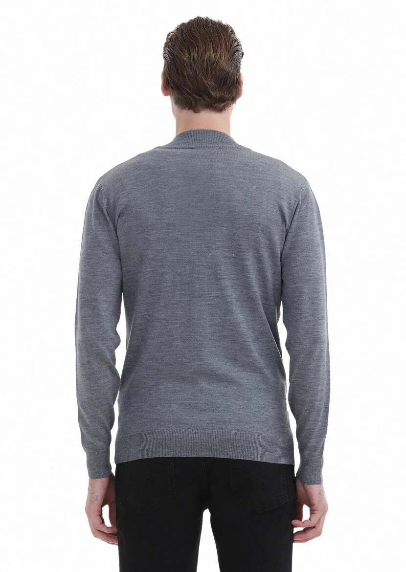 Grey Mock-Turtleneck Plain Knitting 100% Wool Cardigan - 4