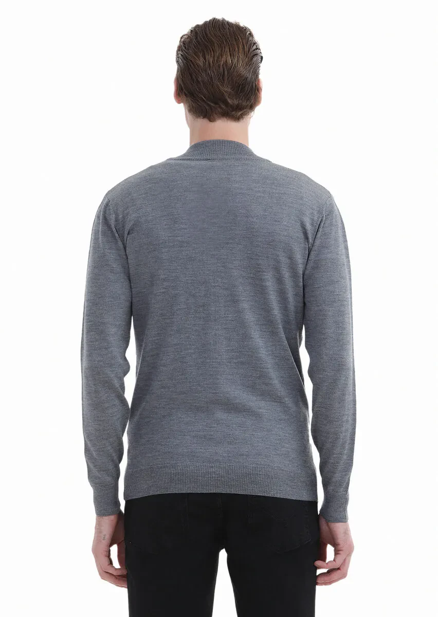 Grey Mock-Turtleneck Plain Knitting 100% Wool Cardigan - 4