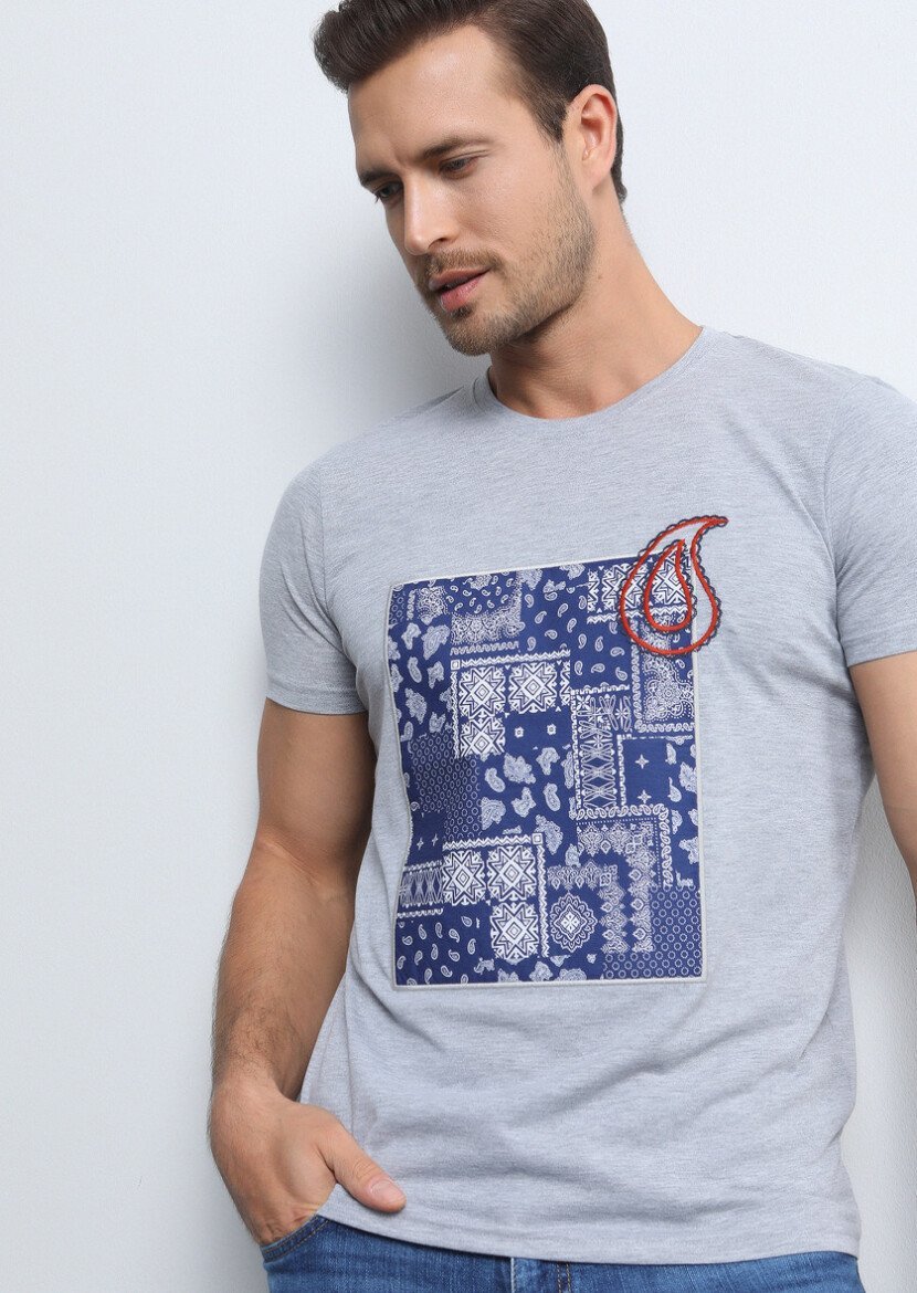 Grey Patterned 100% Cotton T-Shirt - 1