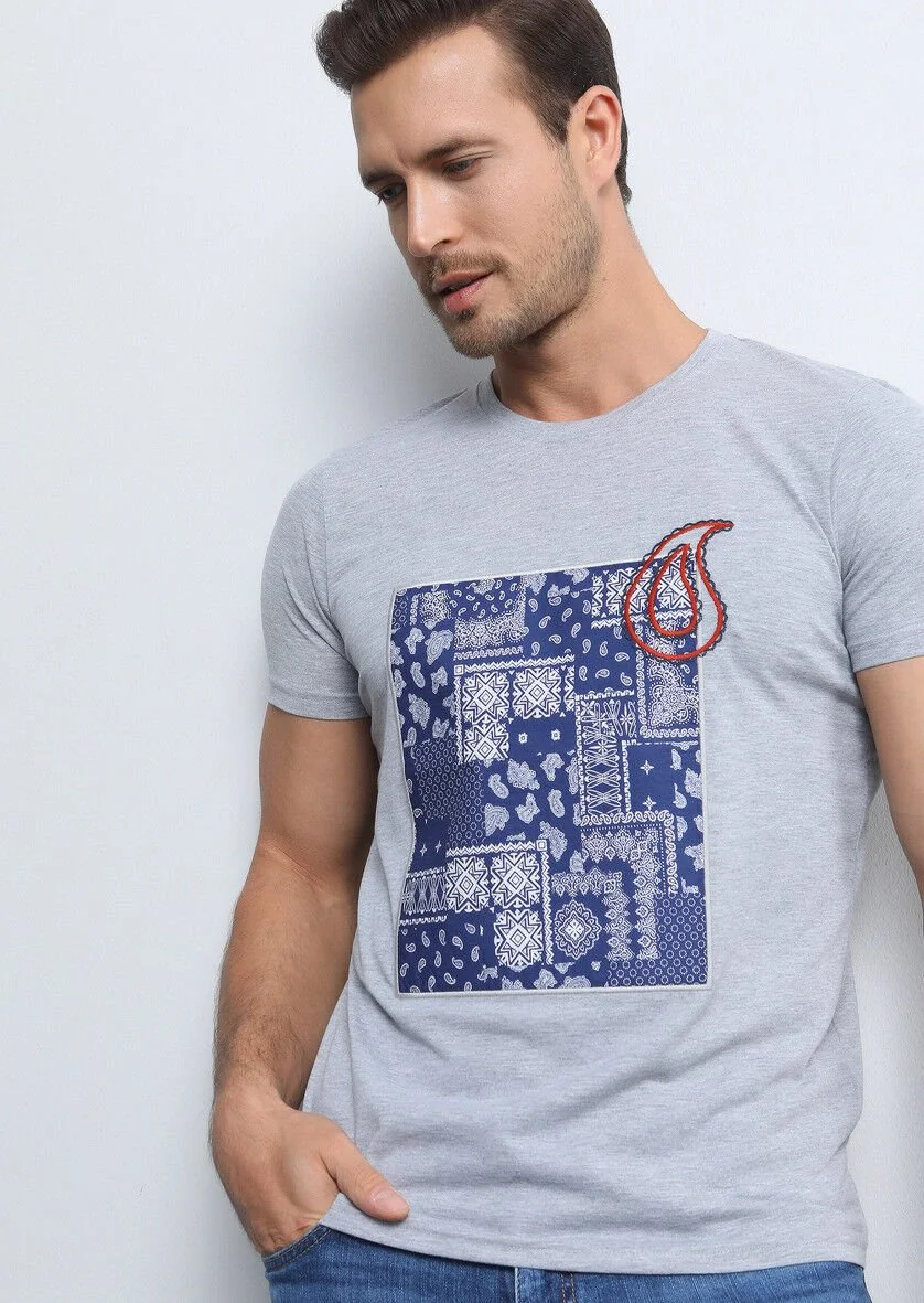Grey Patterned 100% Cotton T-Shirt - 1
