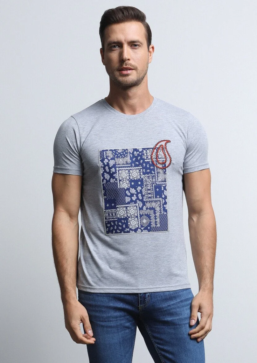 Grey Patterned 100% Cotton T-Shirt - 3