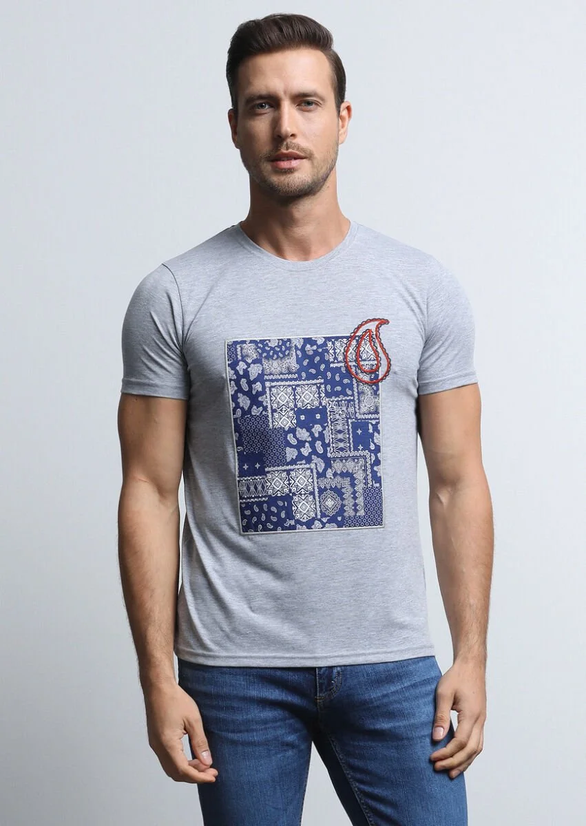 Grey Patterned 100% Cotton T-Shirt - 3
