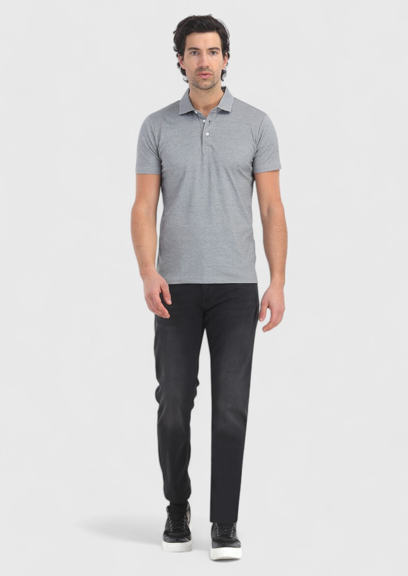 Grey Patterned Polo Neck Cotton Blended T-Shirt 