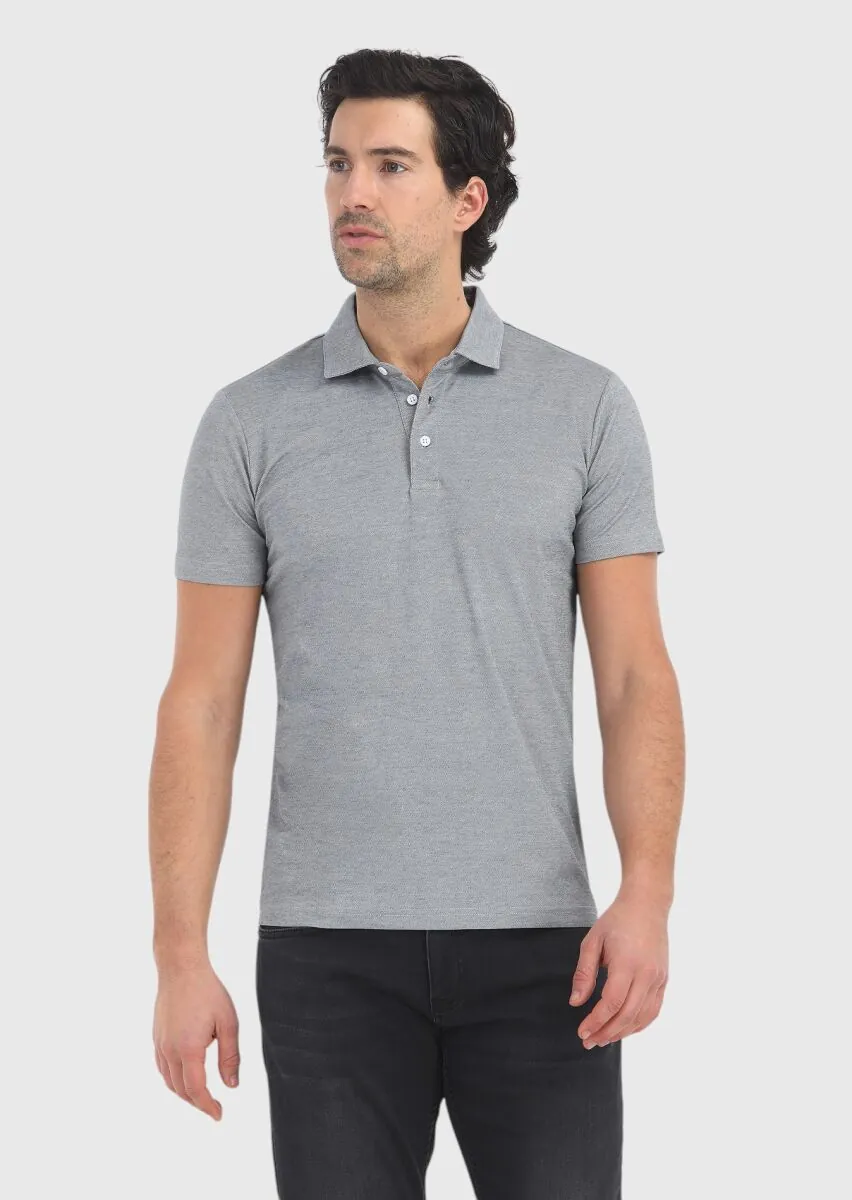 Grey Patterned Polo Neck Cotton Blended T-Shirt - 2