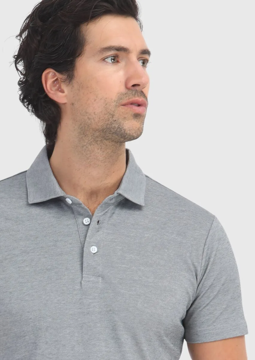 Grey Patterned Polo Neck Cotton Blended T-Shirt - 3