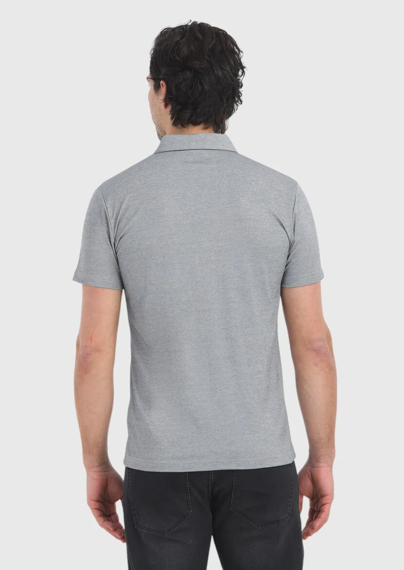 Grey Patterned Polo Neck Cotton Blended T-Shirt - 4