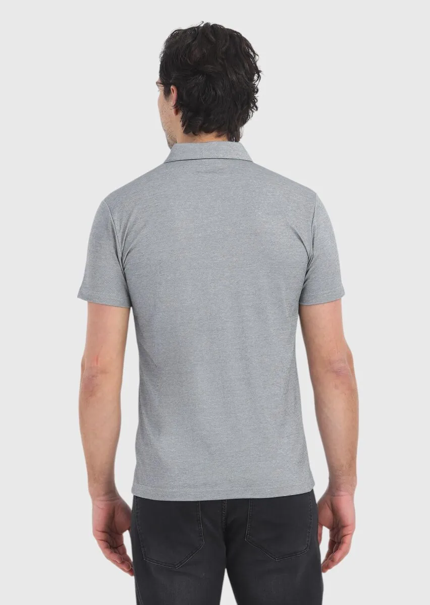Grey Patterned Polo Neck Cotton Blended T-Shirt - 4