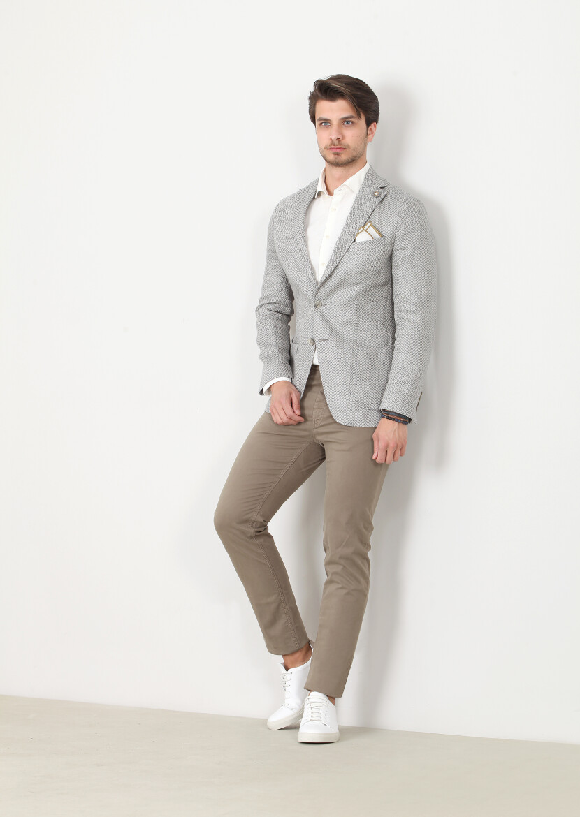 Grey Patterned Shirt Sholuder-Slim Fit 100% Linen Jacket - 1