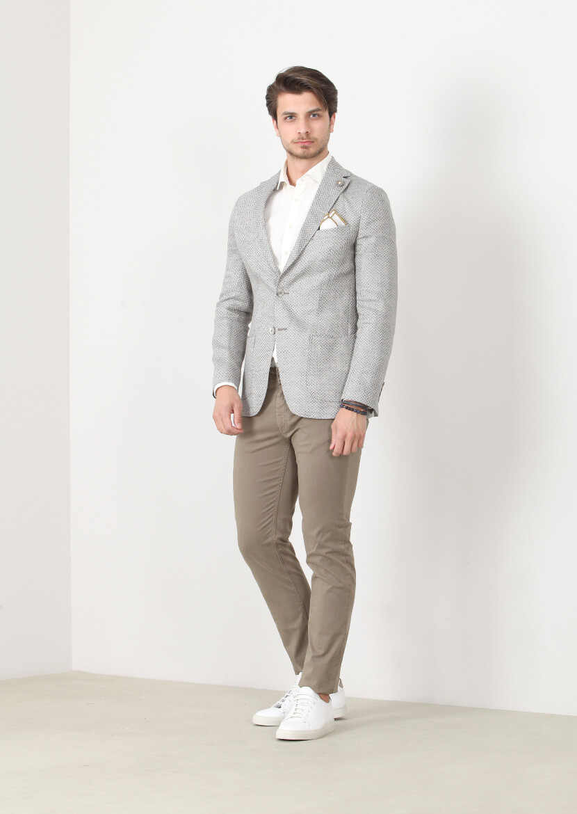 Grey Patterned Shirt Sholuder-Slim Fit 100% Linen Jacket - 2