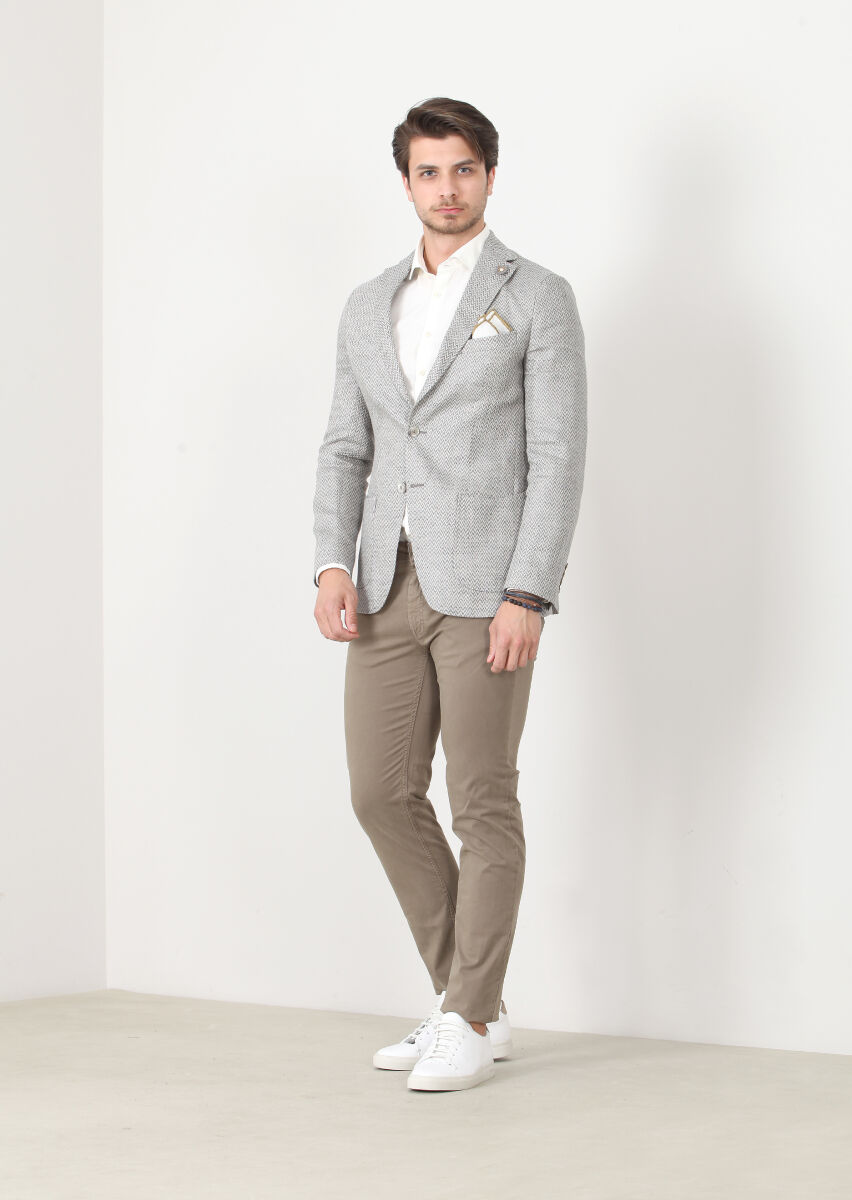 Grey Patterned Shirt Sholuder-Slim Fit 100% Linen Jacket - 2