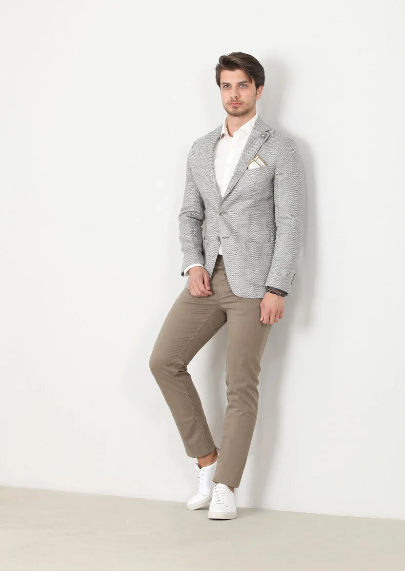 Grey Patterned Shirt Sholuder-Slim Fit 100% Linen Jacket - 1