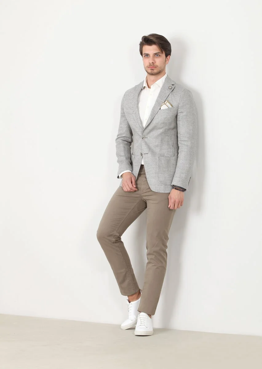 Grey Patterned Shirt Sholuder-Slim Fit 100% Linen Jacket - 1