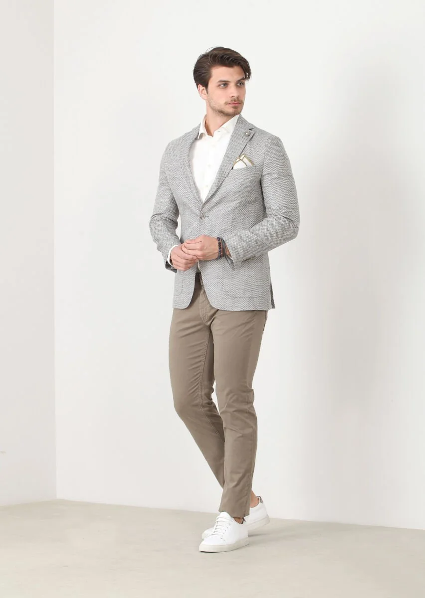 Grey Patterned Shirt Sholuder-Slim Fit 100% Linen Jacket - 2