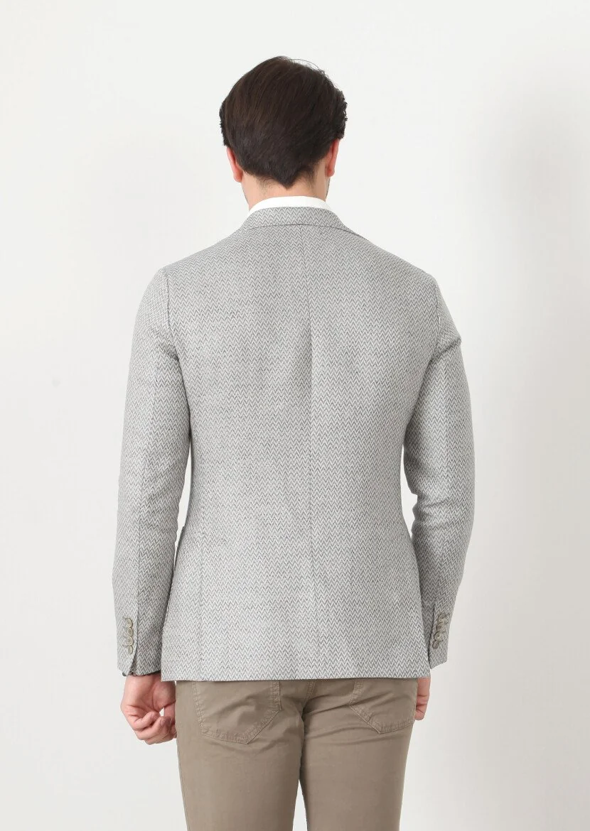 Grey Patterned Shirt Sholuder-Slim Fit 100% Linen Jacket - 5