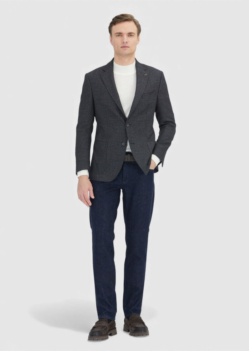 Grey Patterned Wool Blended Jacket - 2