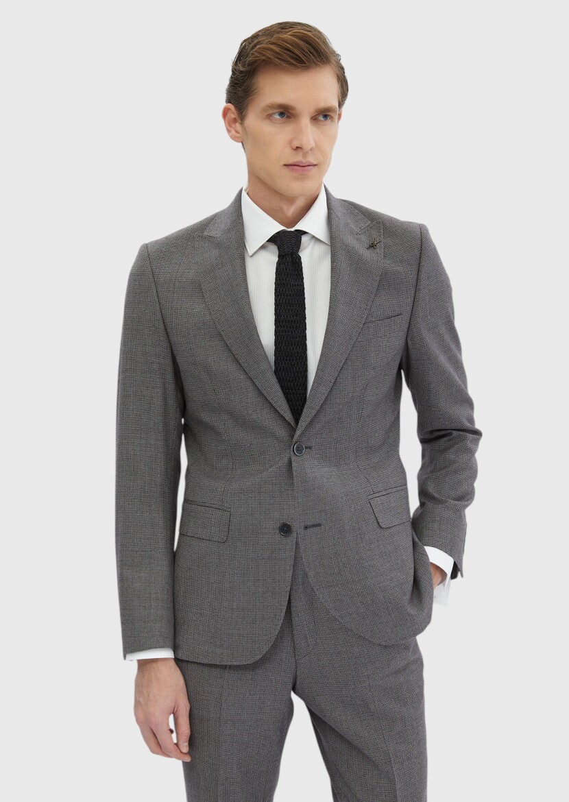 Grey Patterned Zeroweight Slim Fit 100% Wool Suit - 1