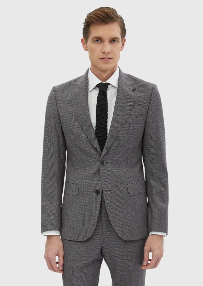 Grey Patterned Zeroweight Slim Fit 100% Wool Suit - 3