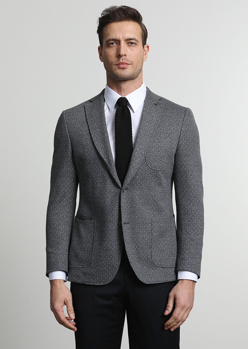 Grey Patterned Zeroweight Slim Fit Cotton Blended Jacket - 1
