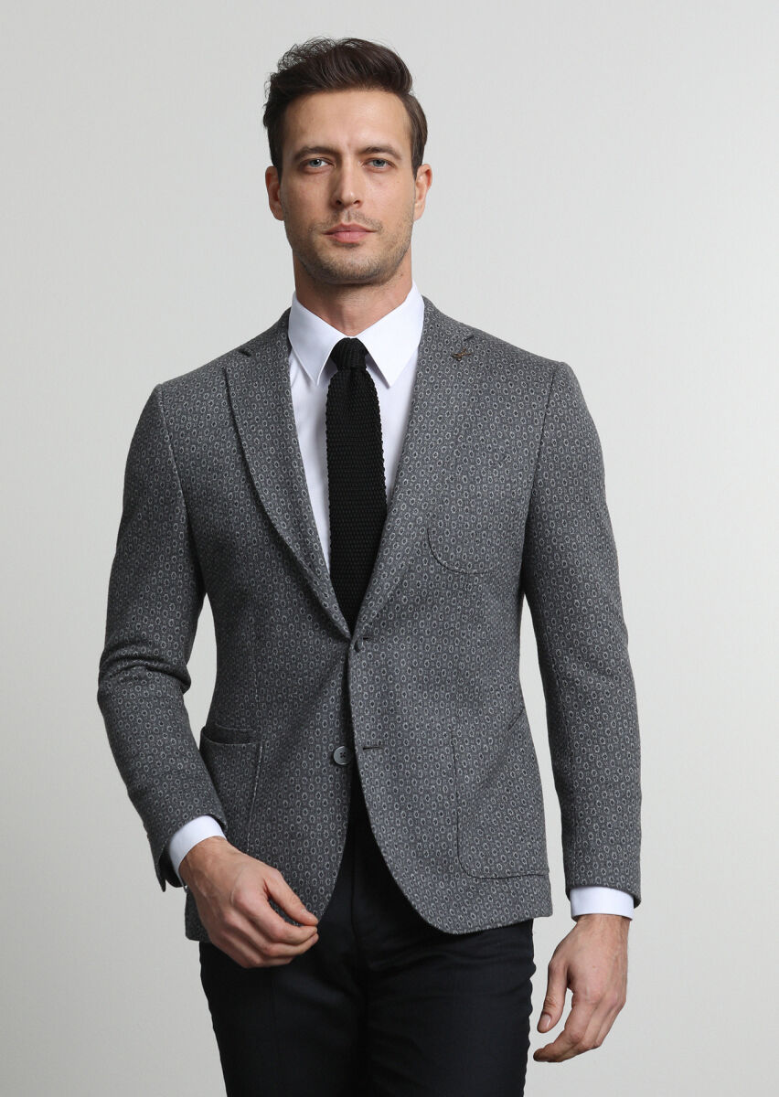 Grey Patterned Zeroweight Slim Fit Cotton Blended Jacket - 2
