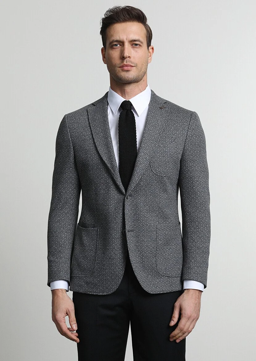 Grey Patterned Zeroweight Slim Fit Cotton Blended Jacket - 1