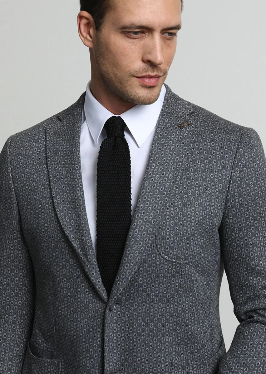 Grey Patterned Zeroweight Slim Fit Cotton Blended Jacket - 2
