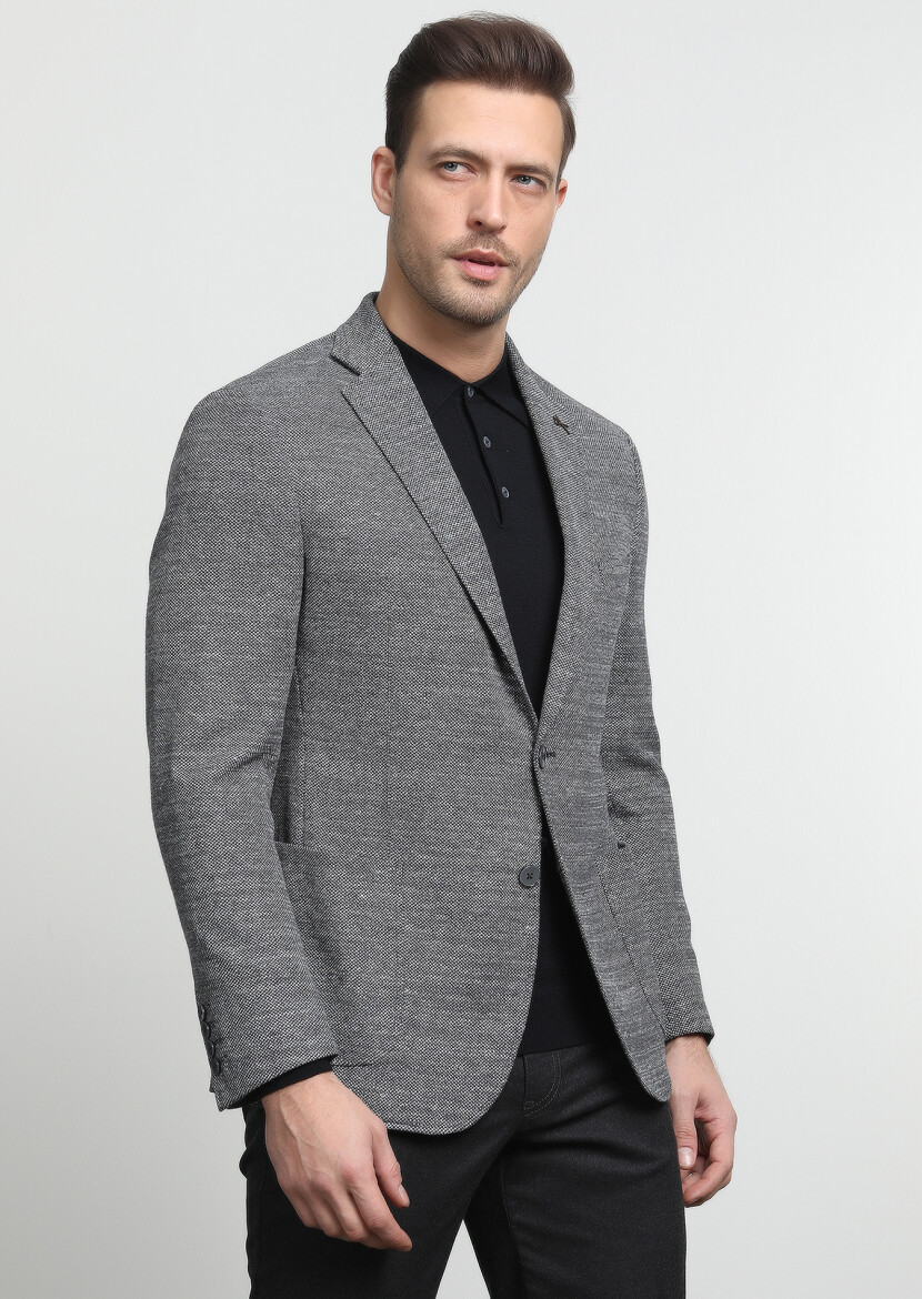 Grey Patterned Zeroweight Slim Fit Cotton Blended Jacket - 1