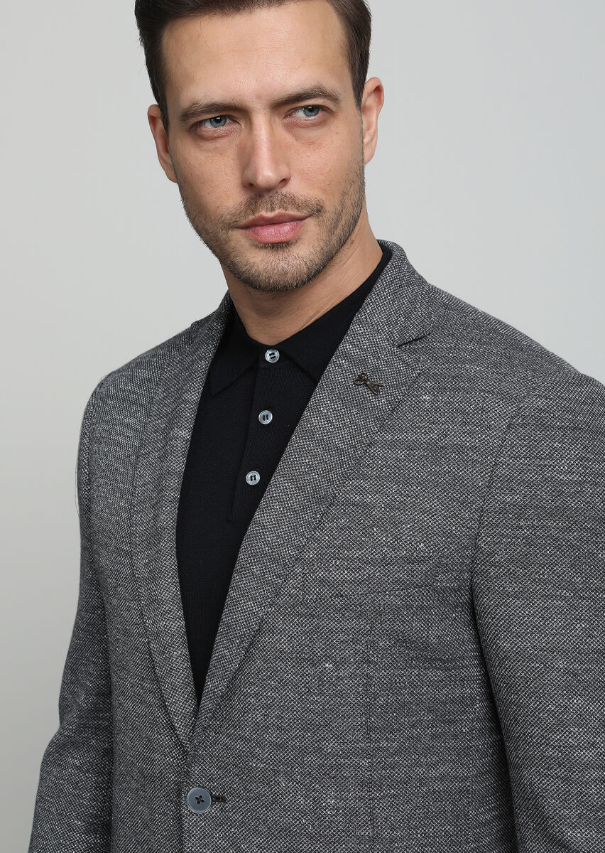 Grey Patterned Zeroweight Slim Fit Cotton Blended Jacket - 2