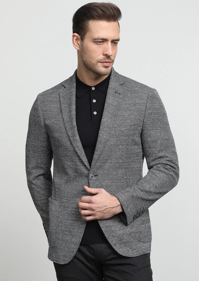 Grey Patterned Zeroweight Slim Fit Cotton Blended Jacket - 3