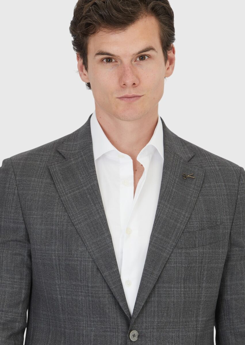 Grey Patterned Zeroweight Slim Fit Wool Blended Suit - 3