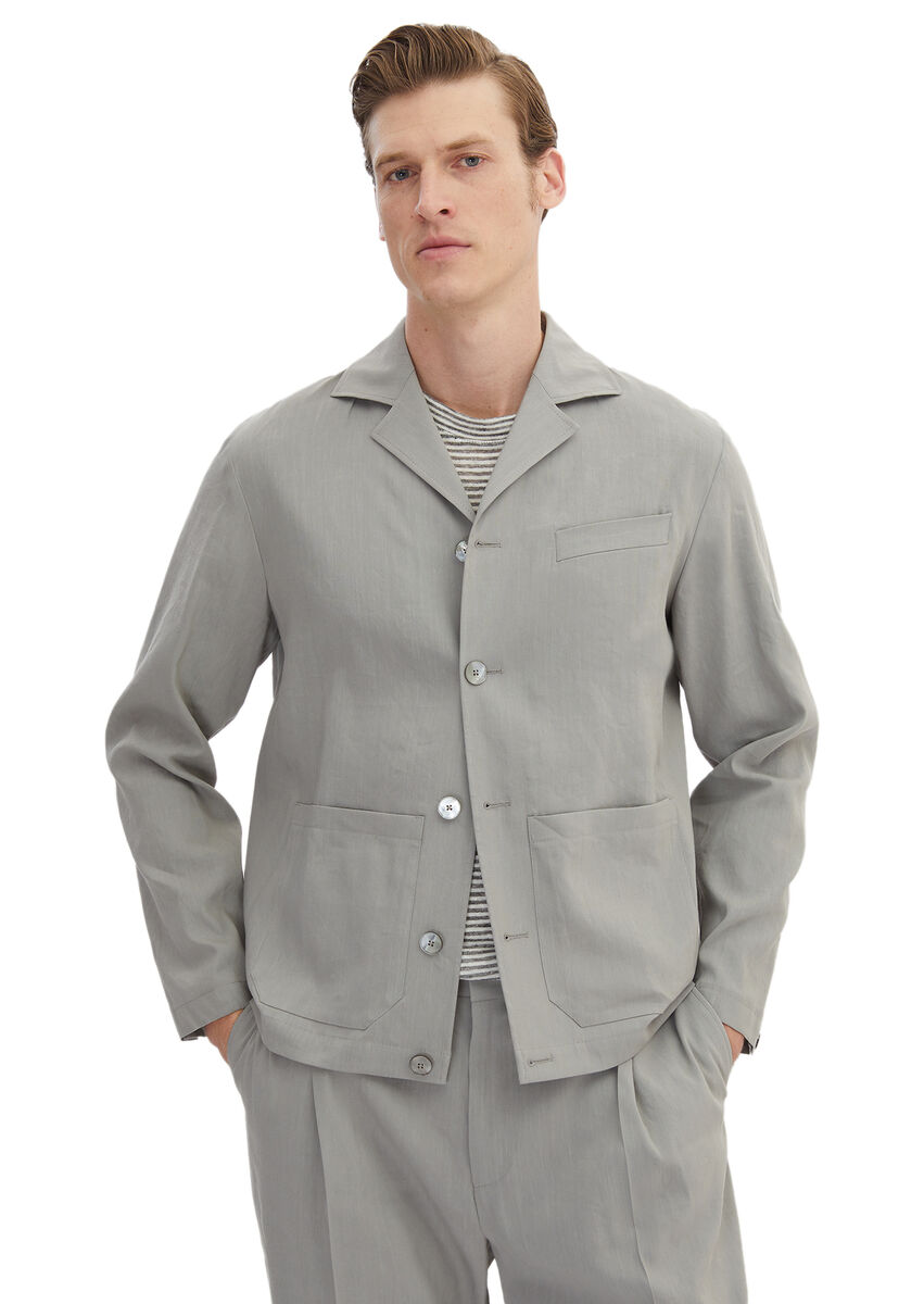 Grey Plain Casual Fit Linen Blended Suit - 1