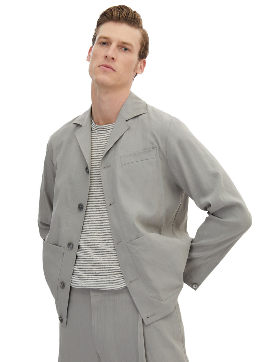 Grey Plain Casual Fit Linen Blended Suit - 3