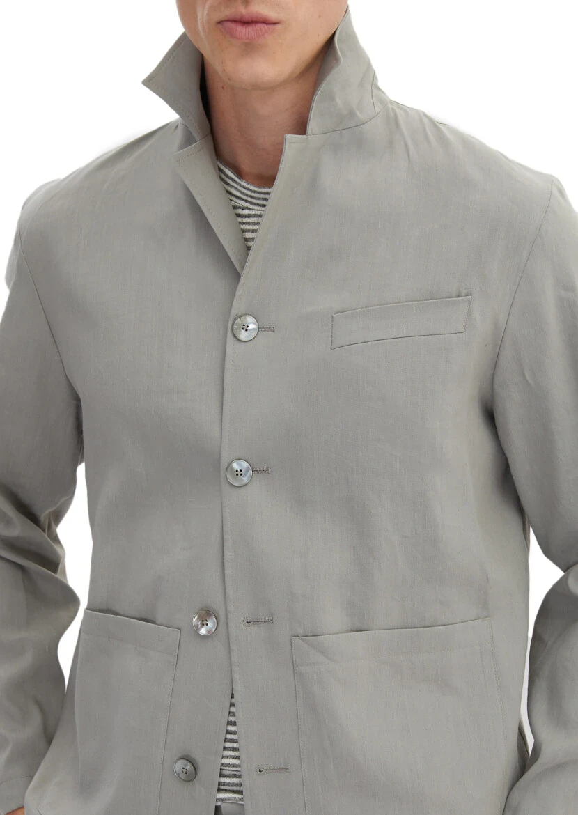 Grey Plain Casual Fit Linen Blended Suit - 4