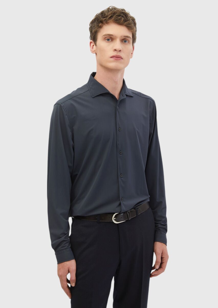 Grey Plain Casual Fit Long Knitting Casual Shirt - 1