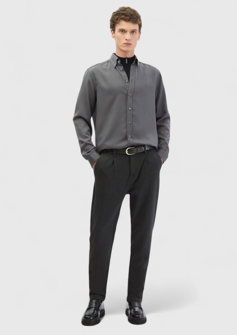 Grey Plain Casual Fit Long Weaving Casual Shirt - 2