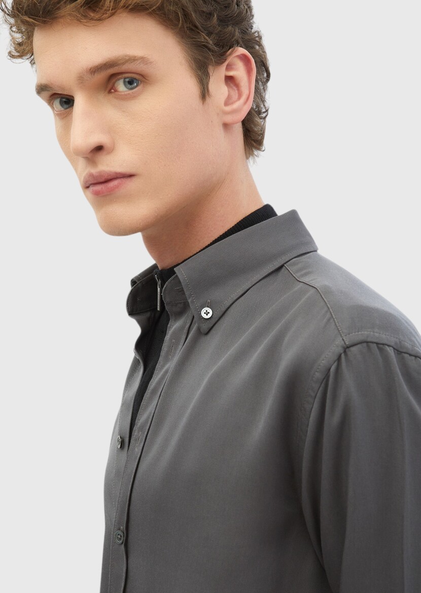 Grey Plain Casual Fit Long Weaving Casual Shirt - 3