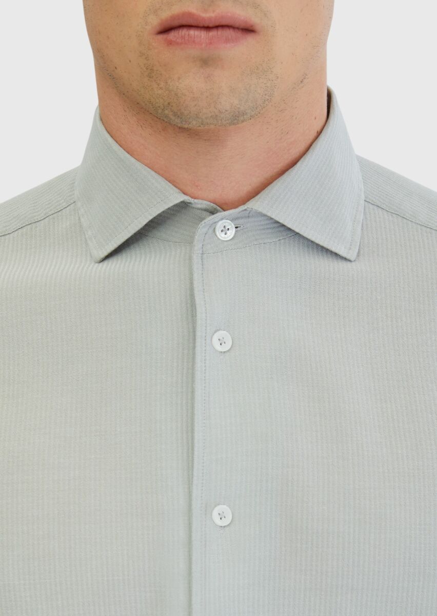 Grey Plain Casual Fit Weaving Casual 100% Cotton Shirt - 4