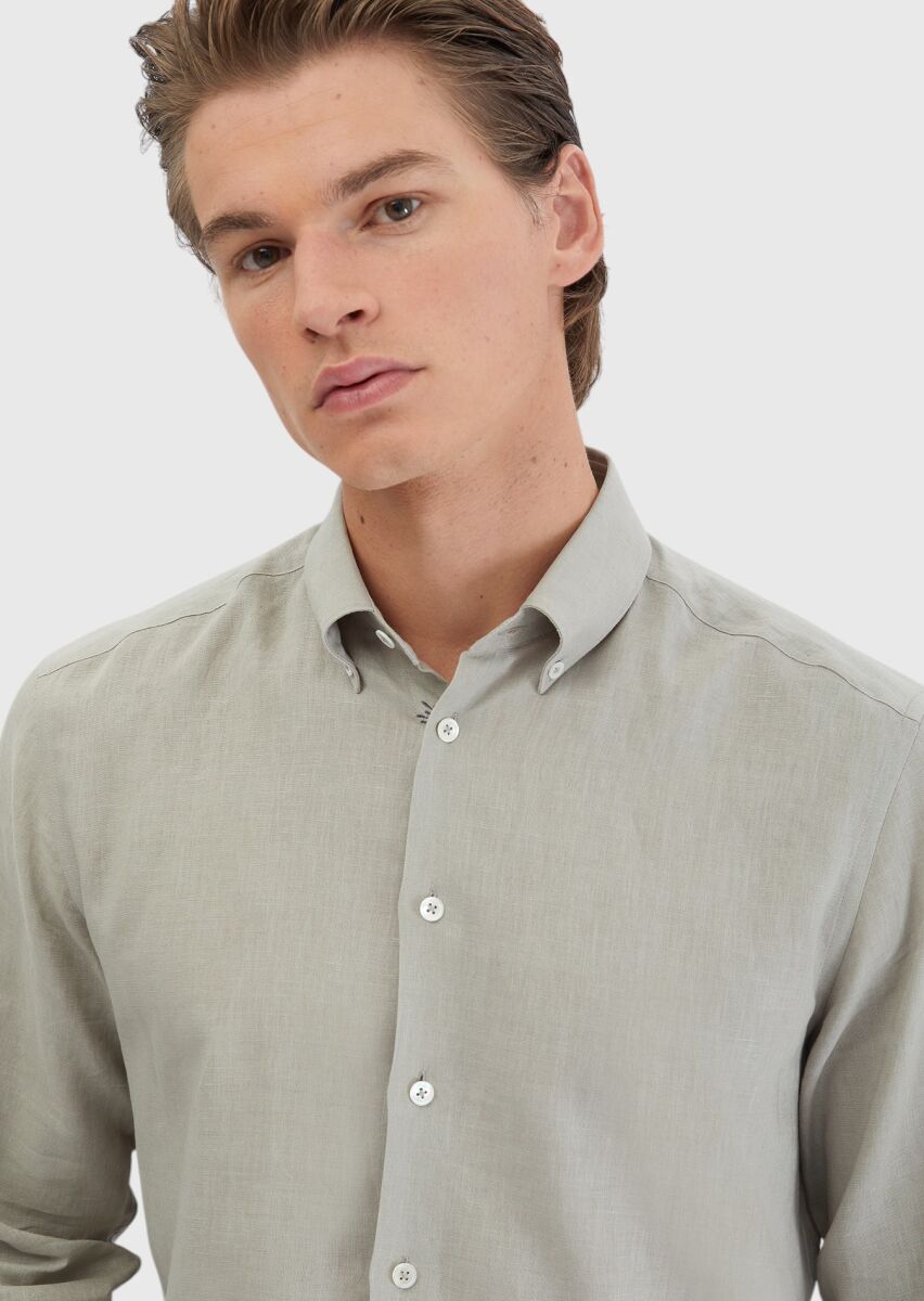Grey Plain Casual Fit Weaving Casual Cotton Blended Shirt - 4