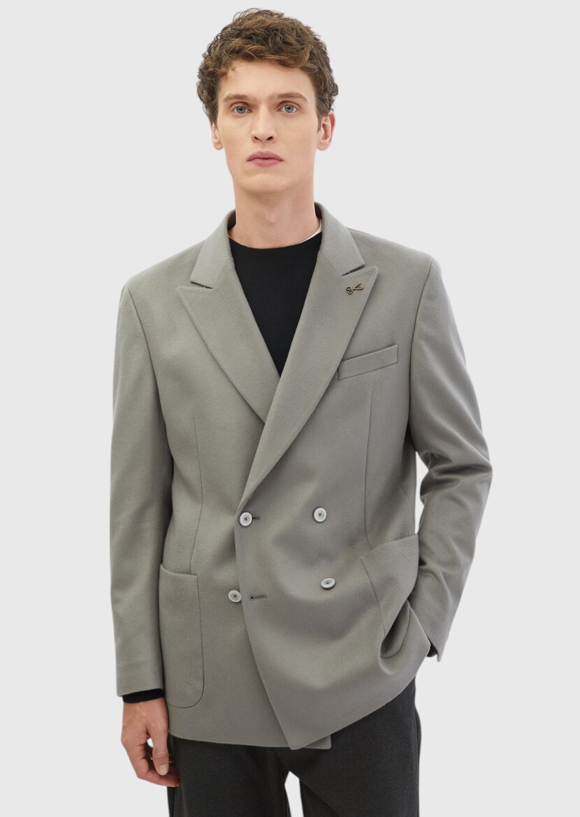 Grey Plain Comfort Fit 100% Wool Jacket - 1