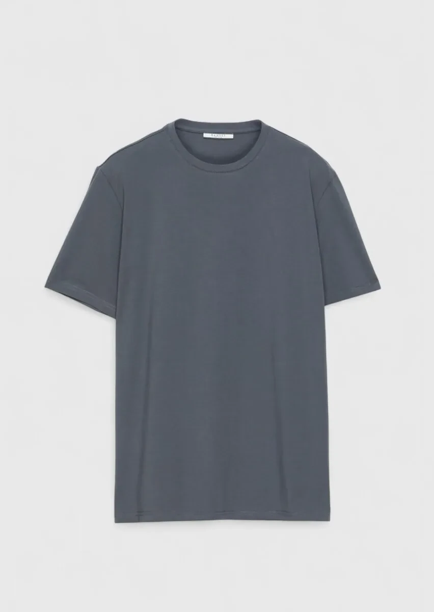 Grey Plain Crew Neck Cotton Blended T-Shirt - 1