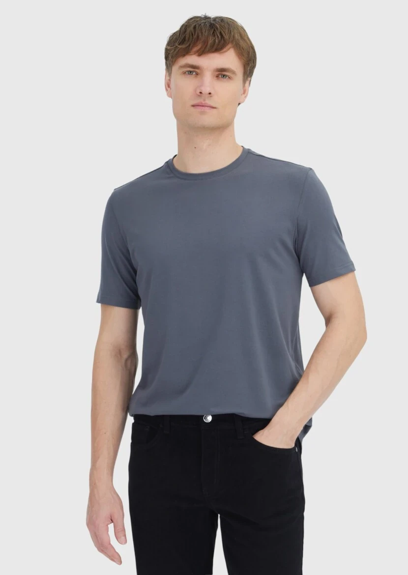 Grey Plain Crew Neck Cotton Blended T-Shirt - RAMSEY