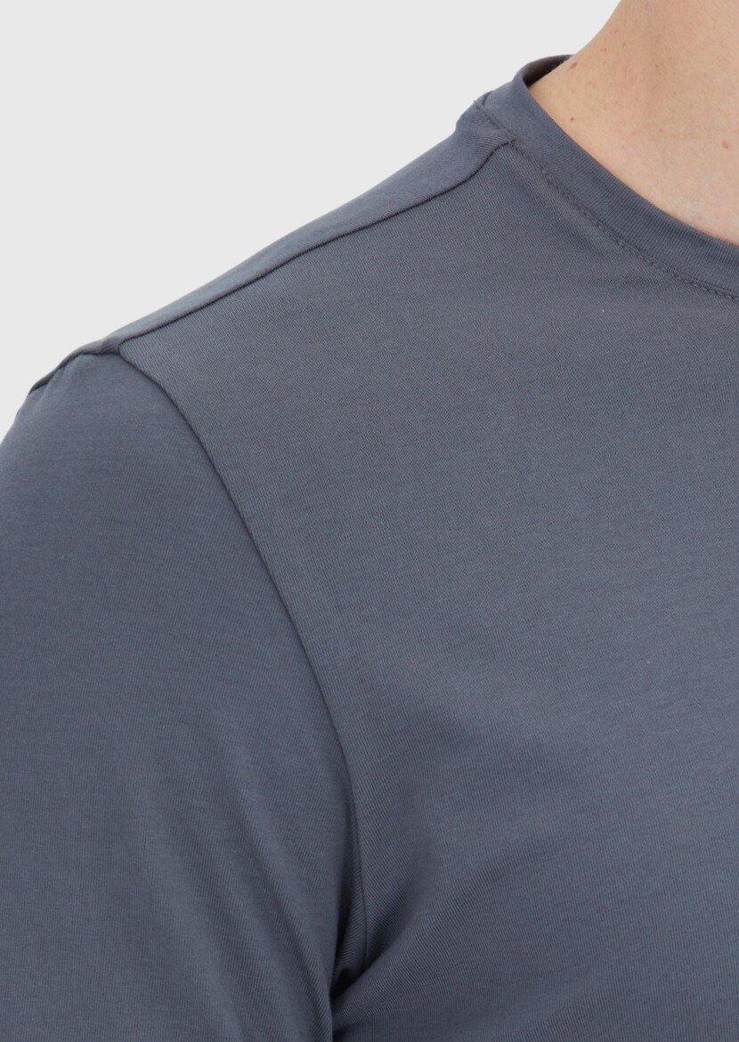 Grey Plain Crew Neck Cotton Blended T-Shirt - 3