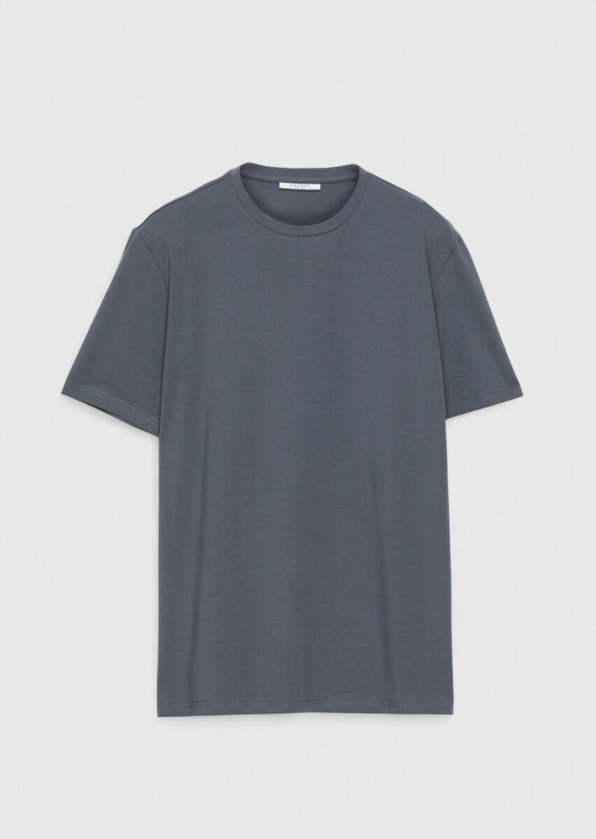 Grey Plain Crew Neck Cotton Blended T-Shirt - 5