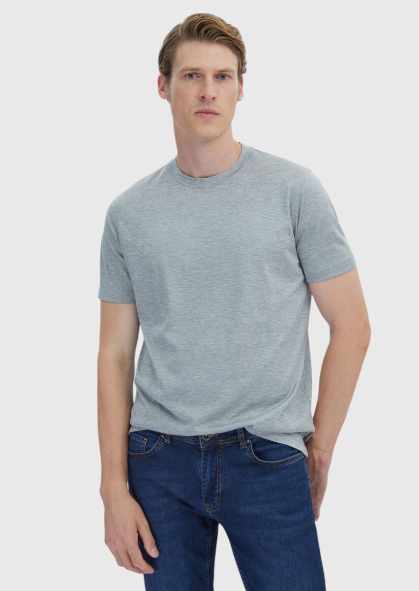 Grey Plain Crew Neck Silk Blended T-Shirt - 1