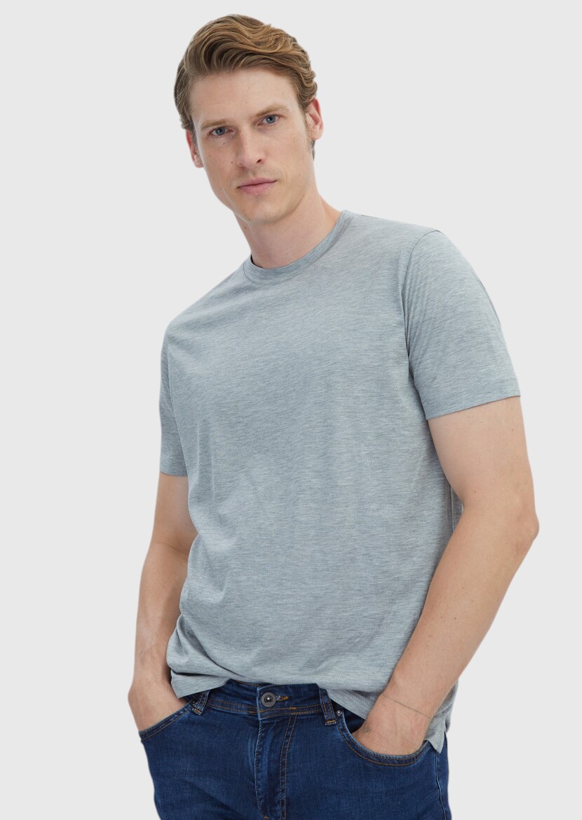 Grey Plain Crew Neck Silk Blended T-Shirt - 3