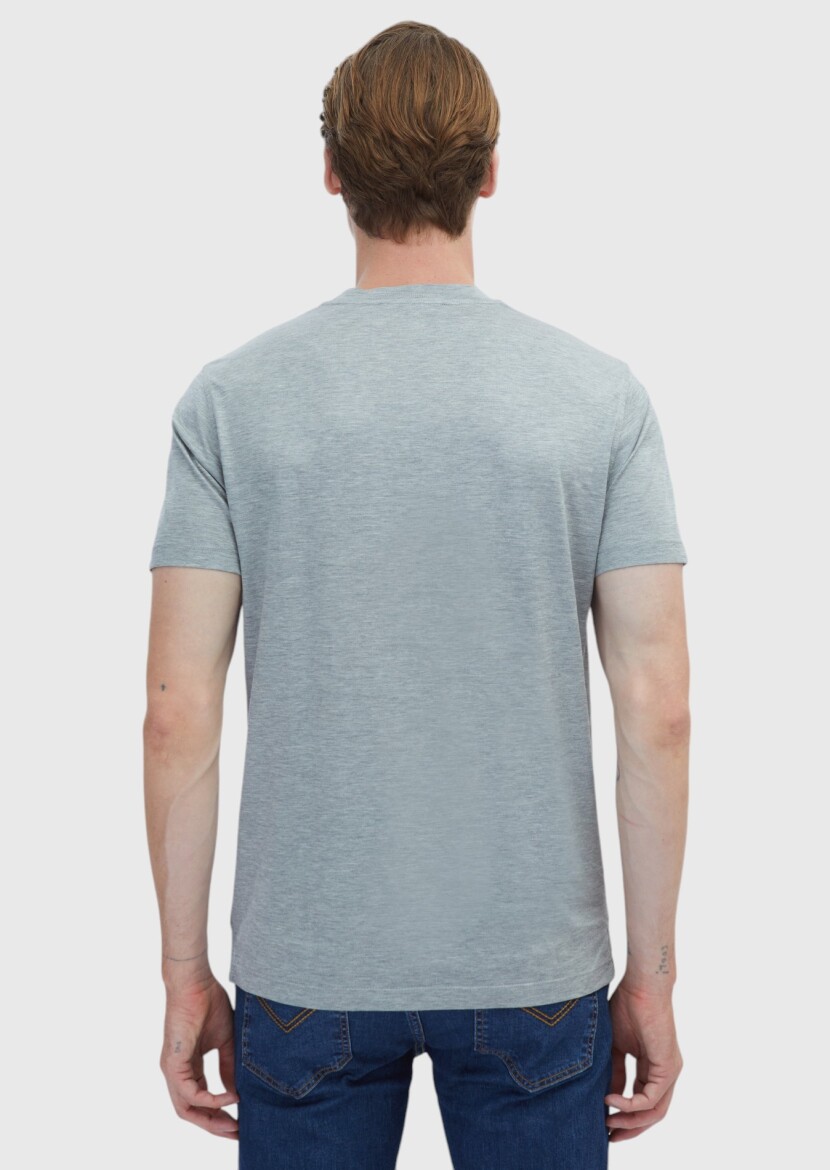 Grey Plain Crew Neck Silk Blended T-Shirt - 4