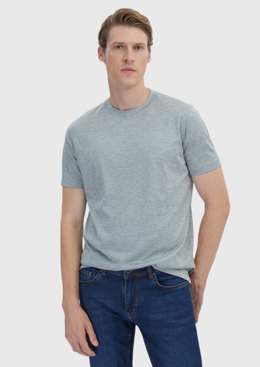 Grey Plain Crew Neck Silk Blended T-Shirt 