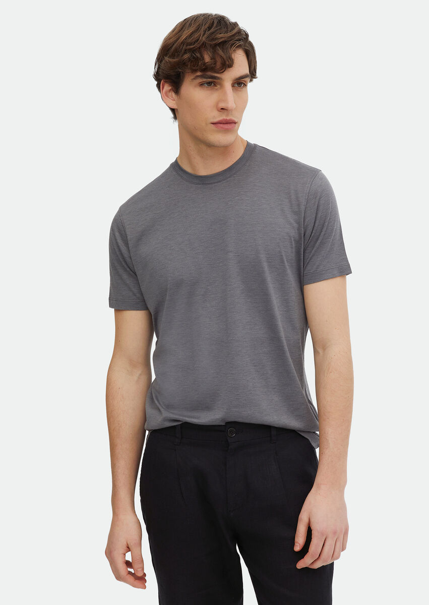 Grey Plain Crew Neck Silk Blended T-Shirt - 1